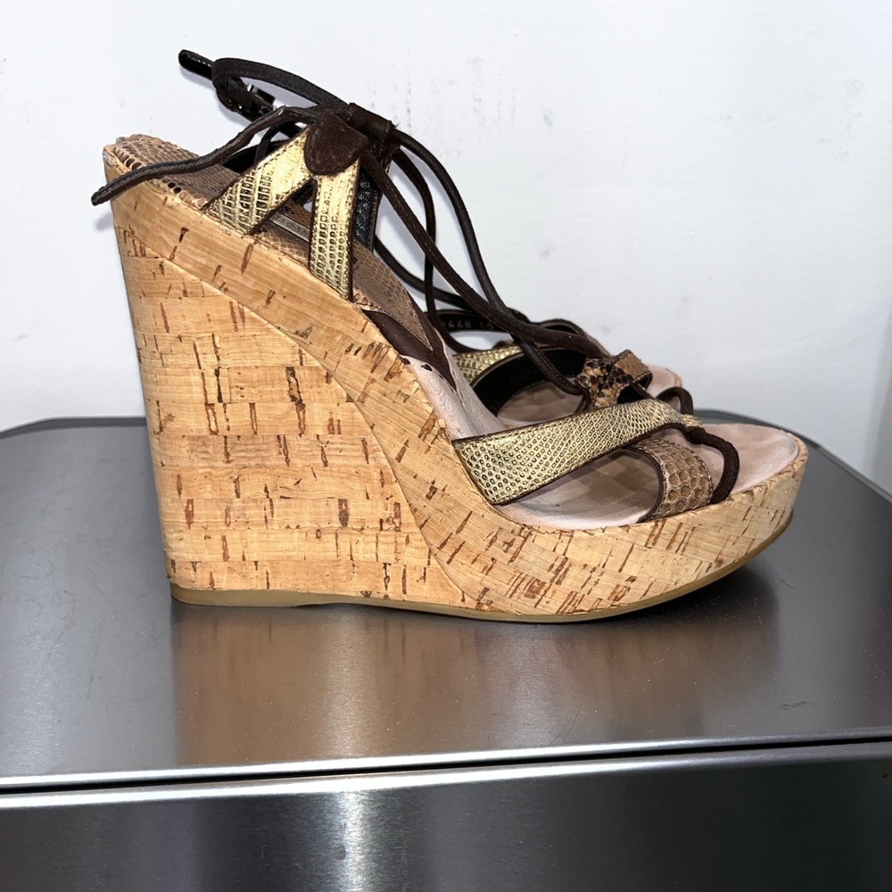 Auth Prada Strappy Snakeskin Python Suede Cork We… - image 2